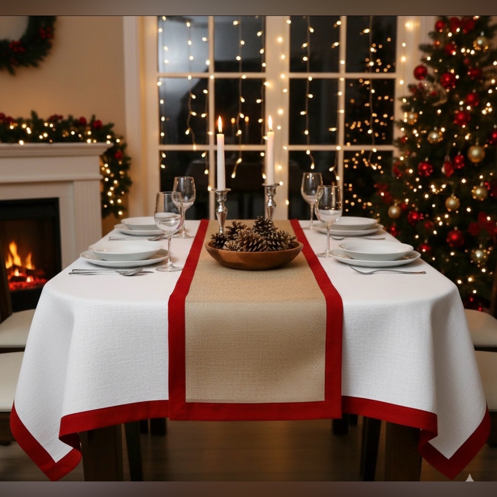 Tahari Home Oblong Tablecloth 60″ × 144″ Red & White New Christmas Decor